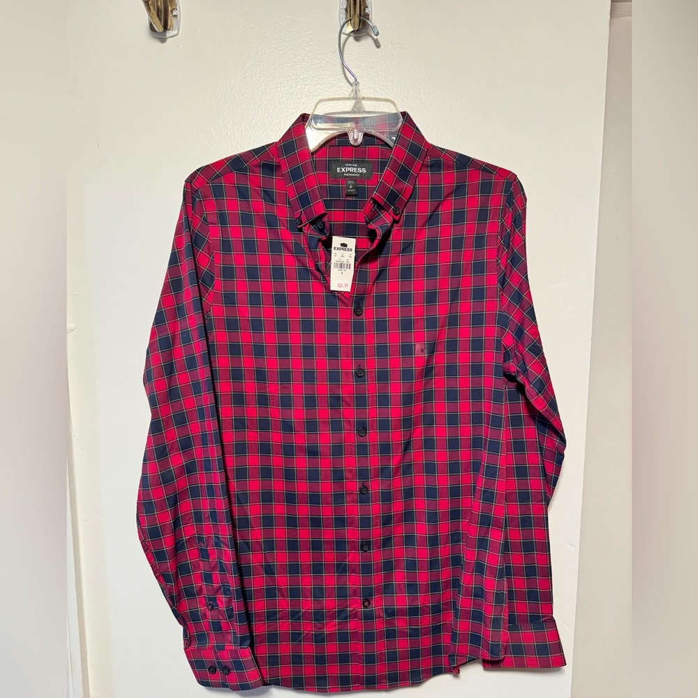 Express men red and navy checkered performance dress shirt